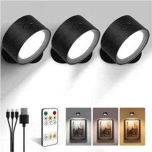 LED Wall Mounted Lights, Rechargeable Wall Sconces with Remote & Touch Control, 3 Color Temperatures 360 Rotation Dimmable Cordless Wall Light for Bedroom Study Reading Bedside (Black, 3 Pack)