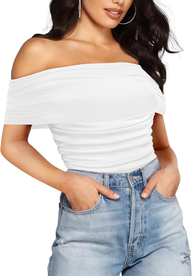 SAUNGKUAI Women's Sexy Off Shoulder Mesh Sleeveless Bodysuit Double Lined Tshirt Leotard Thong Body Suits Outfits