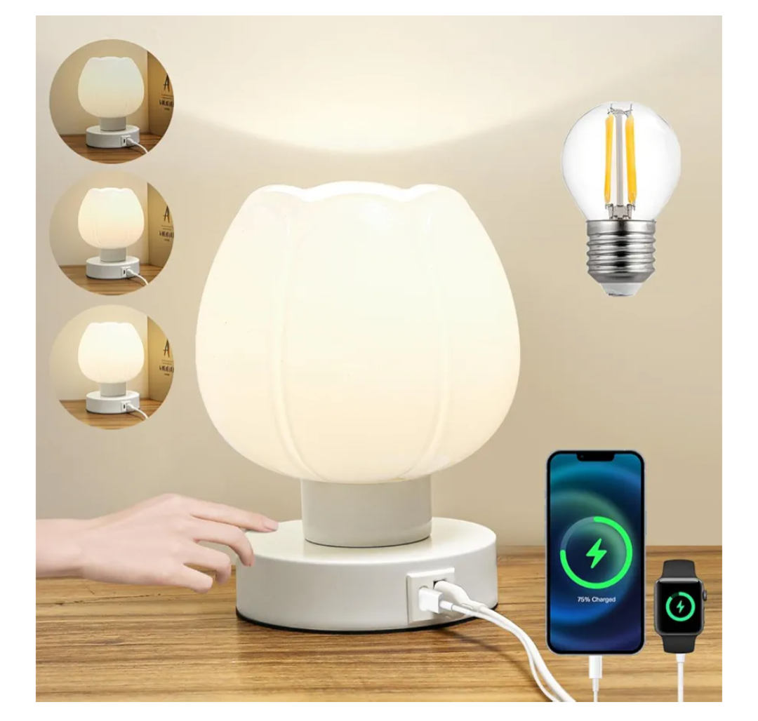 Bedside Table Lamps Touch Dimmable with USB Ports and outlets Charging Station, Desk Small Nightstand Lights for Bedroom Living Room Office Reading Home Decor Gifts LED Warm Bulb Included