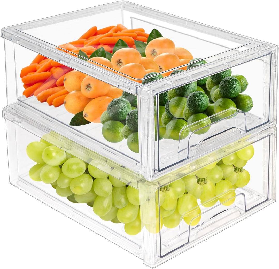MANO 2Pack Clear Fridge Drawers Pull Out Stackable Refrigerator Drawer Organizer Bins Pantry Storage Box Plastic Food Containers for Kitchen Bathroom Office Closet (2pack Large)