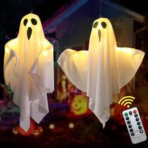 Halloween Hanging Ghost Lights with Remote Control  Floating Ghost Decorations with Timer, 8 Lighting Modes, Battery Operated for Scary Halloween Decor Indoor Outdoor (2-Pack)