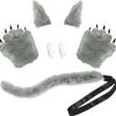 Haysandy 4 Pieces Halloween Wolf Costume for Women Men Adult Werewolf Fox Tail Clip Ears and Gloves Teeth for Halloween Fancy Party Cosplay Accessories