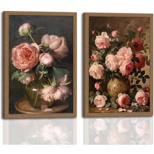 2Pcs Vintage Framed Wall Art Peony Wall Decor Pink Floral Canvas Prints Cottagecore Decor Rustic Farmhouse Pictures Artwork for Walls Living Room Bedroom Bathroom 12"x16" Ready to Hang