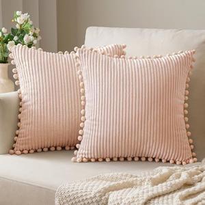ANRODUO Pack of 2 Light Pink Fall Boho Decorative Pillow Covers with Pom-poms Pillow Covers 18x18 Corduroy Cushion Case Cute and Soft Square Throw Pillows for Bed Couch Sofa Living Room Decor Home