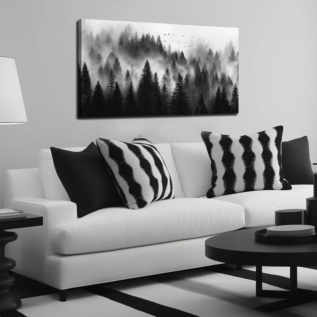 Foggy Forest Wall Art for Bedroom Black and White Pictures for Wall Living Room Home Office Canvas Wall Decor Ready to Hang 20 x 40 Inch