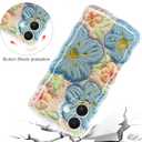 Jusy Case for iPhone 17, Colorful Retro Oil Painting Printed Flower Laser Blue Glossy Pattern Cute Curly Wave Phone Case Soft TPU Cover for Girly Women -Blue