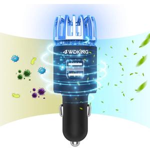4WDKING Car Air Purifier Ionizer, 12V Plug-in Car Air Freshener Gadgets with Dual USB Charger Removes Cigarette Smoke, Pet and Food Odor, Ionic Ozone (Black)