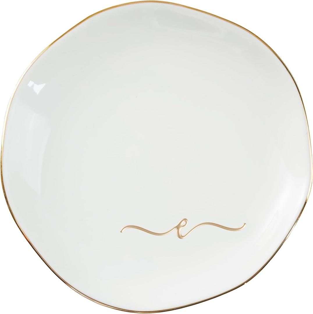 InnoBeta Ceramic Jewelry Tray, Decorative Trinket Dish for Rings Earrings Necklaces Bracelet Watch Keys, Birthday for Women, Mother's Day Christmas Gift for Women, 4.75", White Surface Gold (E)
