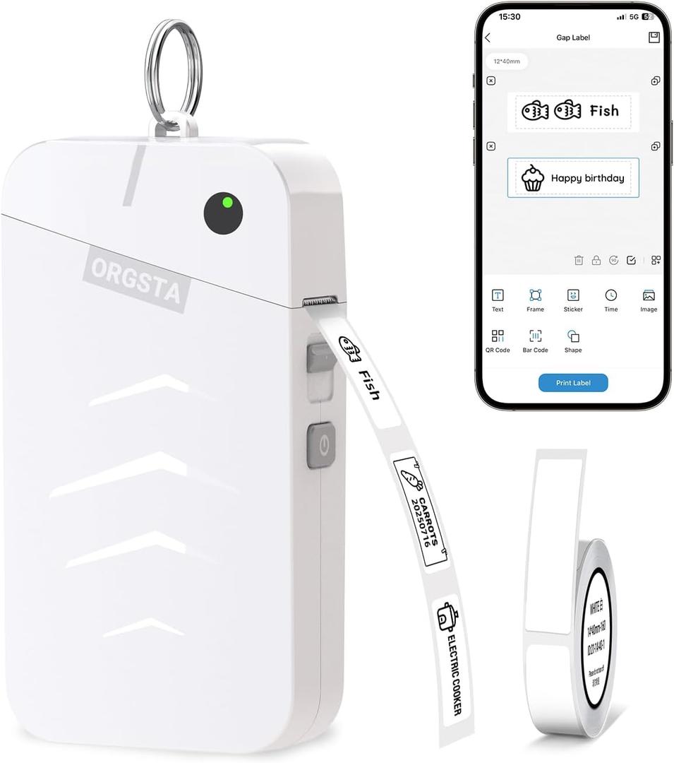 ORGSTA Label Maker Machine with Tape Bluetooth Portable Thermal Labelling Printer for School Home Office Organization, Wireless Mini Labeler S001 Label Machine with Label Sticker Maker, White
