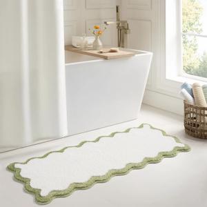 Luxury Cute Bathroom Runner Rugs, White Bath Mat W/Green Scalloped Edge, Microfiber Aesthetic Trendy Funky Fun Preppy Rug, Extra Soft Bathroom Mat Non-Slip for Tub, Shower, 47'' x 20'' (1'8" x 3'11" (Rectangular))