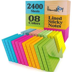 Lined Sticky Notes 3x3 Inch (24-Pack) 2400 Sheets,100 Sheets per pad, Super Adhesive Ruled Sticky Note Pads in 8 Vibrant Colors for Office, School & Home Use