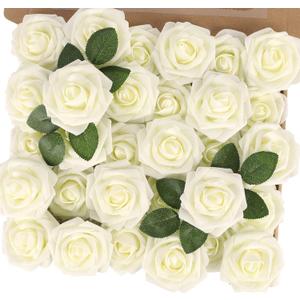 MACTING Artificial Flower Roses 30PCS Real Looking Fake Roses with Stem Foam Flowers for DIY Wedding Bouquets Table Centerpieces Party Baby Shower Home Summer Mothers Day Decorations,Ivory