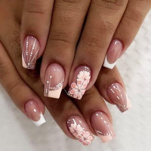 24Pcs Summer Flower Fake Nails White French Press on Nails Medium Square Acrylic Full Cover False Nail Glossy Gold Glitter Stick on Nail Curve Line Gel Glue on Fingernails for Holiday Manicure Art
