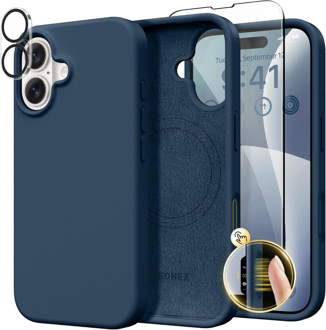 GONEZ Magnetic for iPhone 16 Case, Compatible with MagSafe, [Screen Protector + Camera Lens Protector], Liquid Silicone Shockproof Protective Phone Case for iPhone 16 6.1", Dark Blue