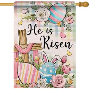 Artofy Christian He is Risen Easter Eggs Large Decorative House Flag, Religious Cross Flower Floral Yard Garden Outside Decor, Spring Plaid Farmhouse Burlap Outdoor Home Decoration Double Sided 28x40