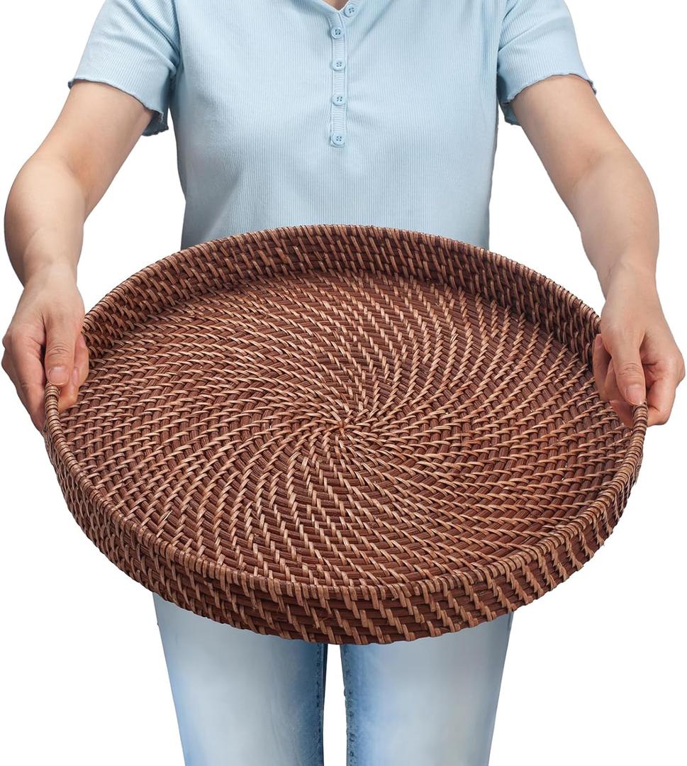 16.9 inch Rattan Tray, Round Wicker Tray with Cut-Out Handles, Woven Serving Tray for Dining/Coffee Table