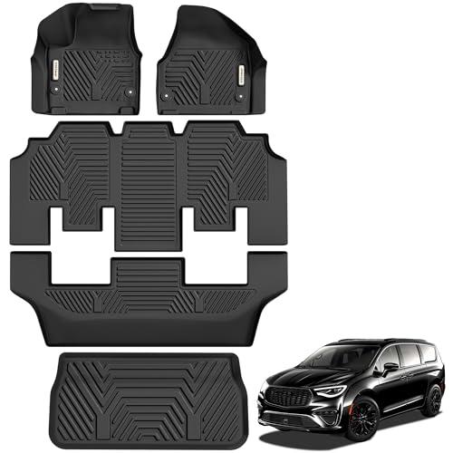 YITAMOTOR Floor Mats for Chrysler Pacifica 2017-2026 7/8 Passenger (No Hybrid) & Voyager 2020-2026, Custom Fit All Weather Anti-Slip TPE Rubber Automotive Accessories, 3 Row & Cargo Liner Set, Black