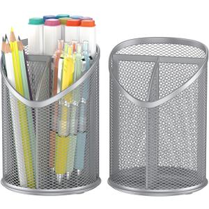 2 Pack Pen Holder Mesh Round Pencil (Silver)