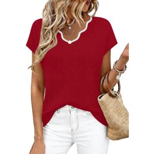 WIHOLL Womens Summer Tops Cap Sleeve Sweater V Neck Shirts Beach Vacation Clothes Business Casual Fashion Clothing (Red, S)