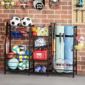Sonyabecca Garage Sports Equipment Organizer 2 Golf Bag Stand Golf Storage Organizer for Garage with Basket and Hooks, Storage Rack for 2 Golf Bag, Golf Gift for Men, Gifts for Father