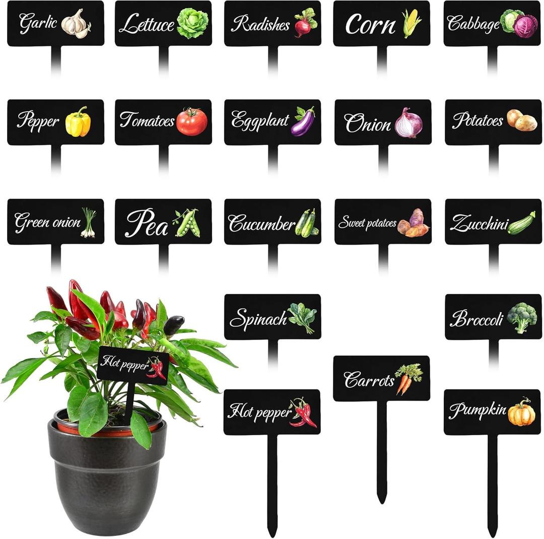 20pc Garden Signs - 20 Styles, Outdoor/Indoor, Waterproof, Reusable Vegetable Plant Markers (2.7 x 4"(6.8 x 10.2 cm), Black)