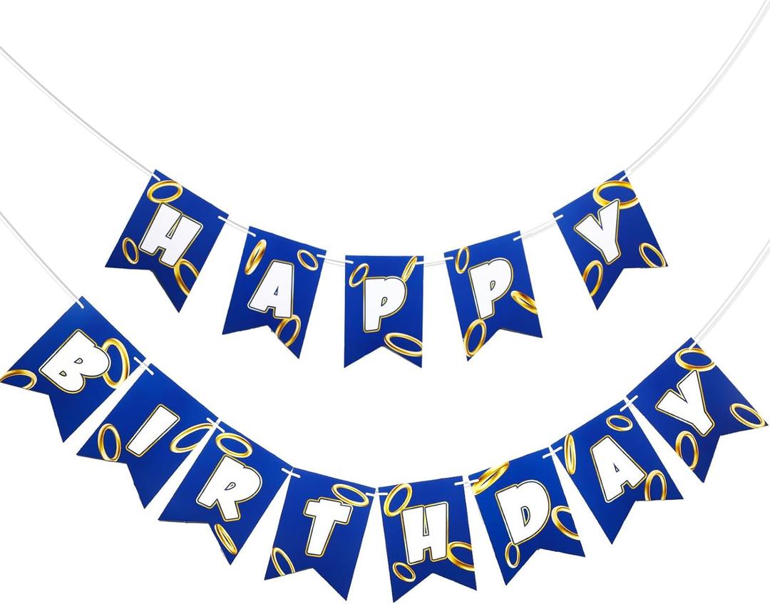 VitalCozy Blue Golden Birthday Party Decorations Blue with Gold Ring Print Themed Happy Birthday Banner Cartoon Backdrop Sign Party Supplies for Boys Girls