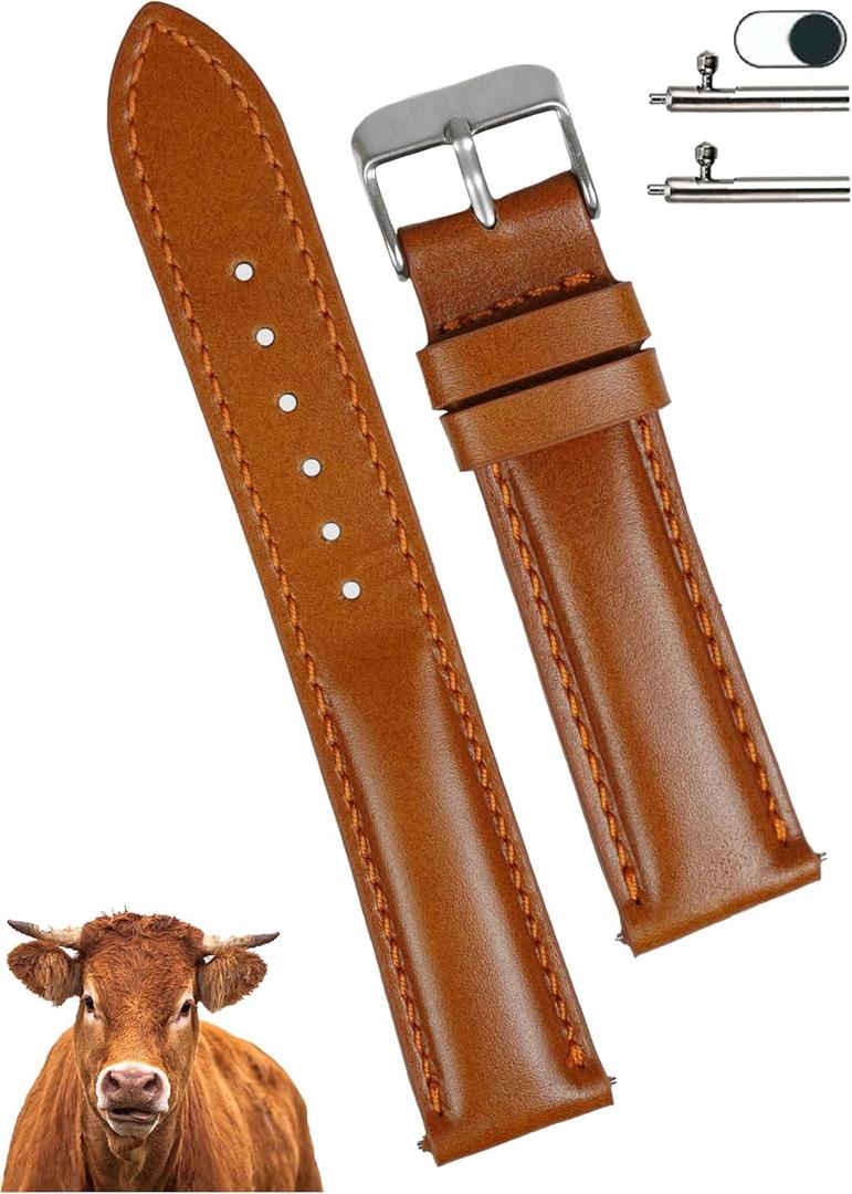 vinacreations 22mm Vintage Orange Brown Leather Watch Band Men Quick Release Replacement Strap Soft Handmade Wristband Stainless Steel Buckle, Christmas Father's Day Gift for Dad Husband DH-202-22MM