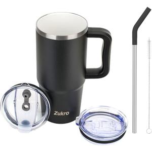 Zukro 24 oz Ceramic Lined Tumbler with Handle and Straw, No Metal Taste, Insulated Stainless Steel Coffee Mug with Spill Proof Lids for Home/Office, No Sweat, Keep Drinks Hot or Cold, Black