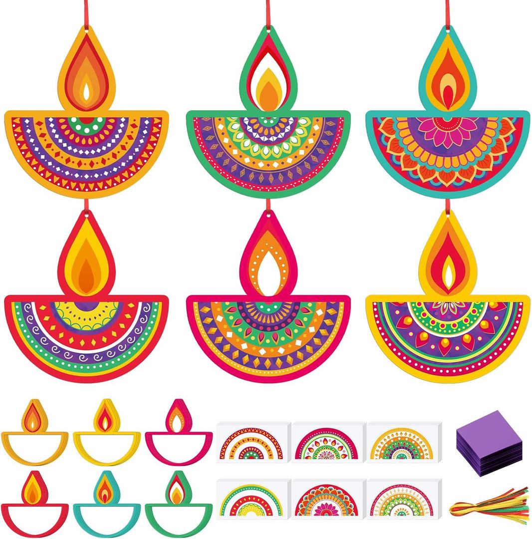 24 Sets Diwali Craft Kit DIY Diwali Diyas Festival of Lights Tissue Paper Craft Hanging Ornament for Rangoli Deepavali Party Decorations Supplies