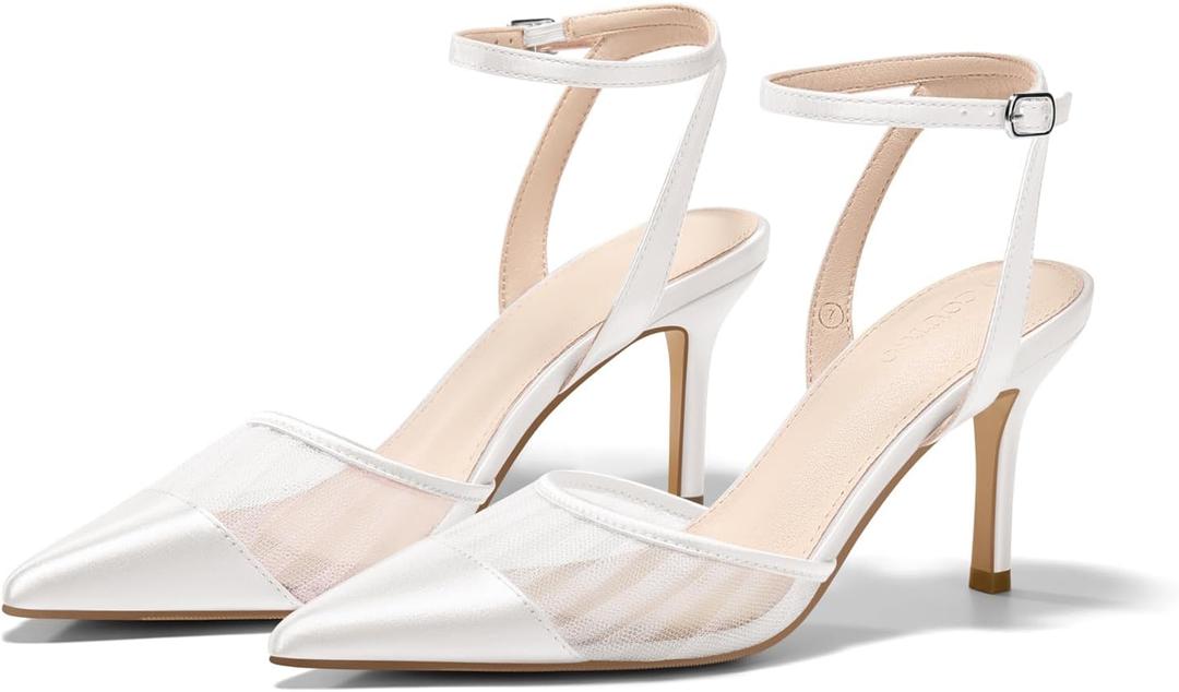 Coutgo Women's Closed Toe High Heels Mesh Satin Pointed Toe Dress Shoes Ankle Strap Pacth work Wedding Pump Shoes (9, White)