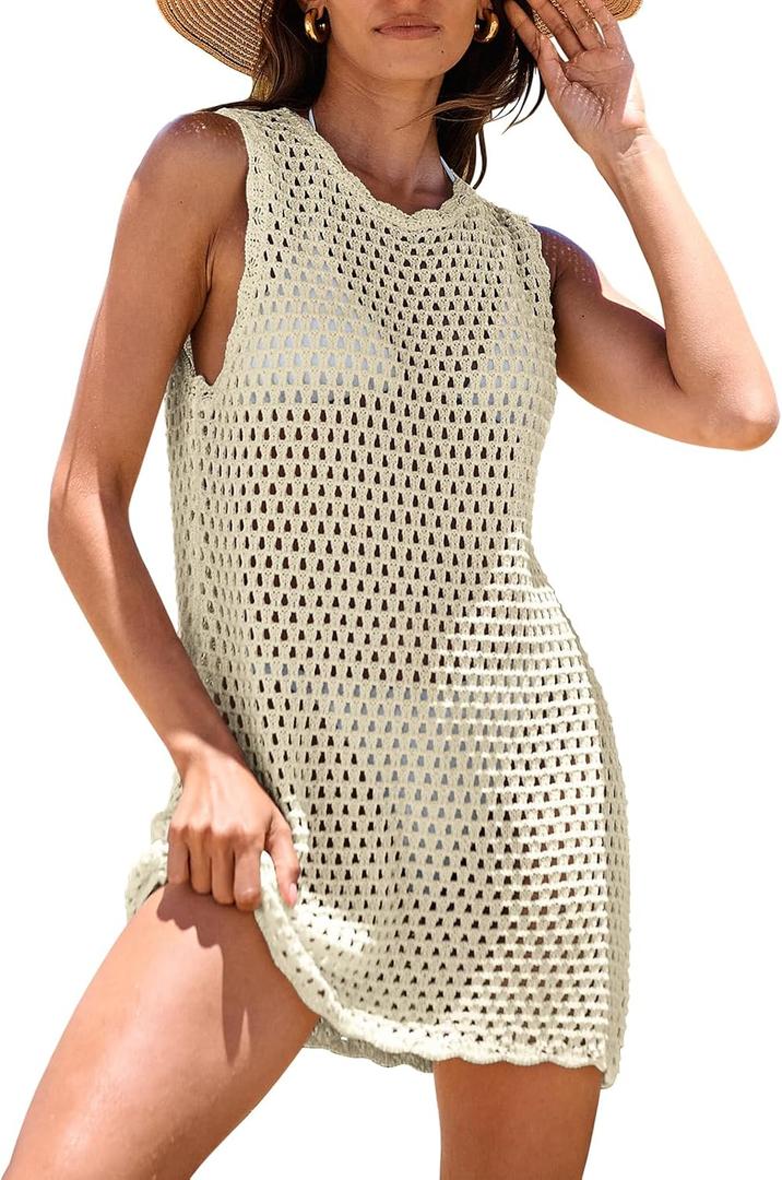 ANRABESS Womens Swimsuit Cover Up Sleeveless Knit 2025 Summer Outfits Swimwear Bathing Suit Coverup Crochet Beach Dress (Medium, Apricot)