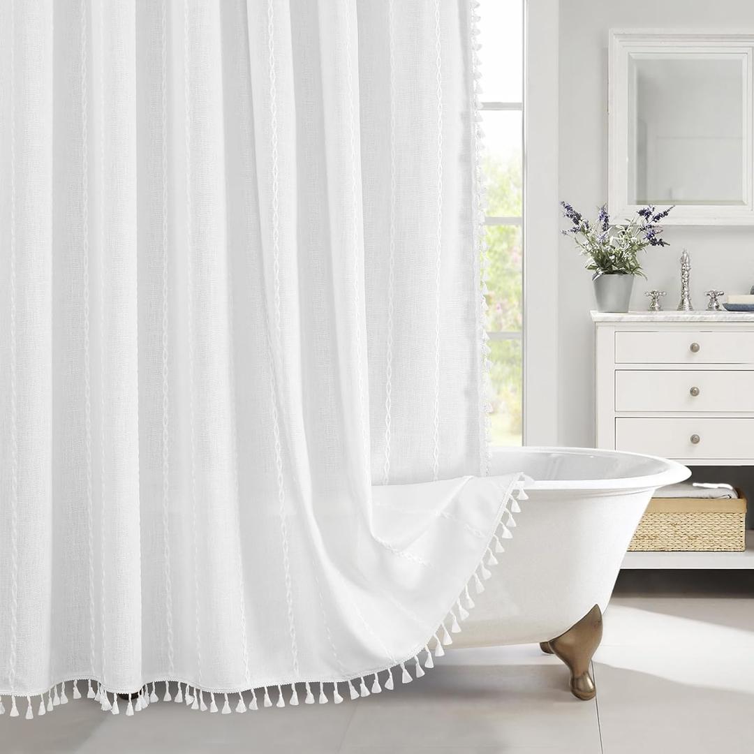 MitoVilla Boho Farmhouse Shower Curtains for Modern Farmhouse Bathroom Decor, White Country Thick Polyester Linen Fabric Shower Curtain, Rustic Tassel Cloth Shower Curtain, 72 x 72, White