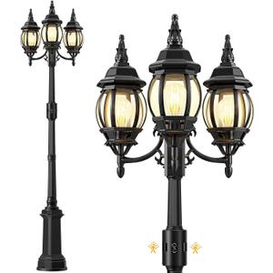 Redluck 3-Head Motion Sensor Outdoor Post Lights, Dusk to Dawn Lamp Post, 97.6IN