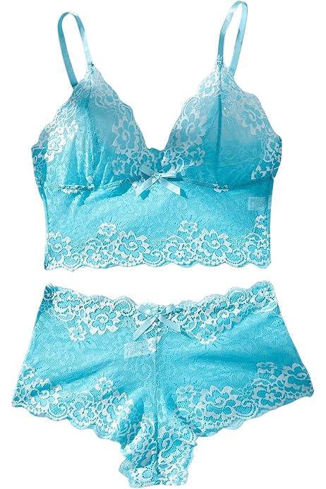 Lilosy Sexy Women Lace Pajamas Lingerie Set High Waist Sheer Sleepwear See Through Nightwear Bow Ties Cami Shorts Bra and Panty 2 Piece Floral Light Blue Medium