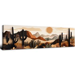 Boho Cactus Wall Art Mid Century Modern Wall Decor for Living Room Beige Geometric Minimalist Picture Abstract Mexican Desert Botanical Mountain Sun Painting Artwork Bedroom Home Decorations 14x48"