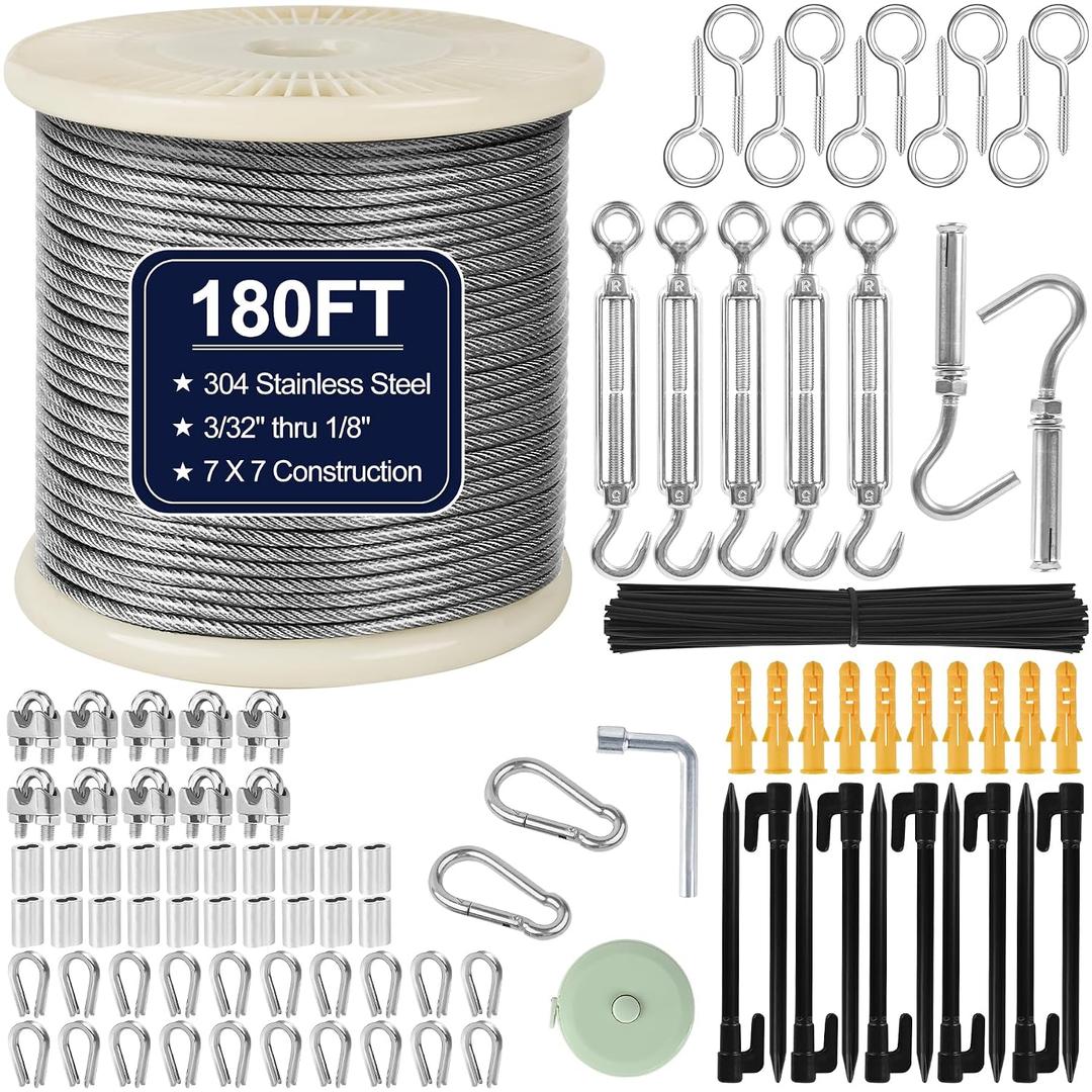 1/8" Wire Rope Kit 180FT Stainless Steel Aircraft Cable with M5 Turnbuckles, 7x7 Strand Core Vinyl Coated Guy Wire Tensioner Kit for Garden String Light, Pictuer, Clothes, Curtain Hanging