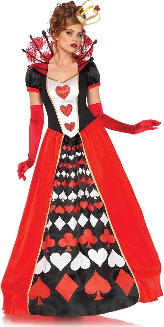 Leg Avenue Womens 2 Pc Deluxe Queen of Hearts With Card Suit Ball Gown, Crown Adult Sized Costumes