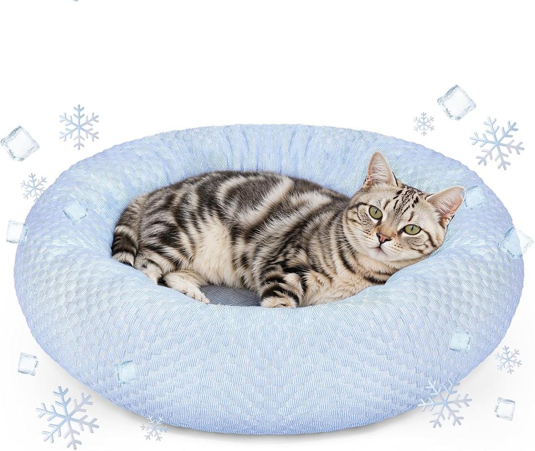 Small Donut Dog Bed - Cooling Calming Cuddler for Cats & Puppies, Anti-Anxiety Ice Fabric Round Pet Bed, Washable Comfort Dog Bed for Small Dogs, Egg Tart Design (S)