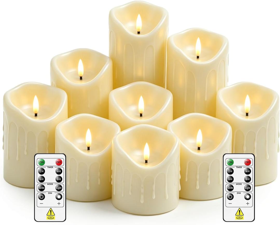 9 Pcs Flickering Flameless LED Pillar Candles, (D 3" x H 3" 4" 5" 6" 7") Battery Operated with Remote Plastic Wax Drip Fake Candles for Home Wedding Holiday Decor,Ivory