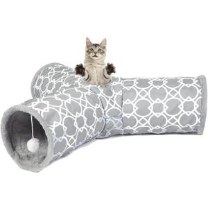 LUCKITTY Geometric 3 Way Cat Tunnel with Plush Inside,Cats Toys Collapsible Tunnel Tube with Balls, for Rabbits, Kittens, Ferrets,Puppy and Dogs