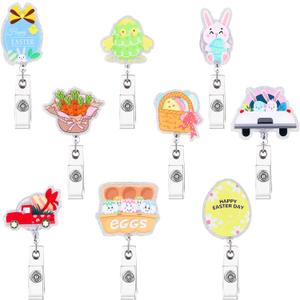 9 Pcs Easter Badge Reels Retractable Easter Badge Reel Holder Holiday Badge Reels Glitter Bunny Egg ID Name Badge Clips Spring Badge Reel for Nurses Employee Volunteer Students Easter Party Decor