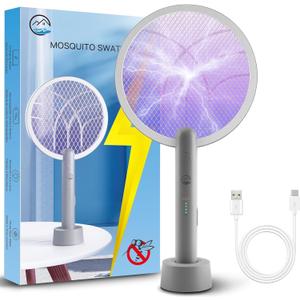 Electric Fly Swatter Racket, Mosiller 2 in 1 Bug Zapper with Type-C Rechargeable Base, 4000V Mosquito Killer with 3-Layer Safety Mesh for Pest Insect Control for IndoorOfficeCamping(Grey-1 Pack)