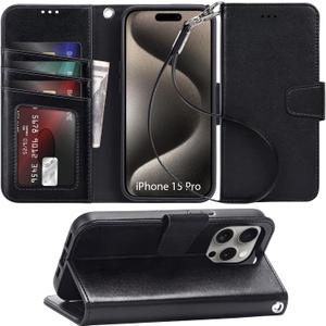Arae Compatible with iPhone 15 Pro Case with Card Holder and Wrist Strap Wallet Flip Cover for iPhone 15 Pro 6.1 inch,Black