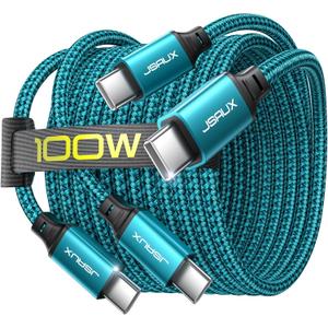 JSAUX 100W USB C to USB C Cable [2-Pack 6.6FT], Type C Fast Charging Cord for iPhone Air/iPhone 17/iPhone 17 Pro/iPhone 17 Pro Max, iPhone 16/15 Series, Galaxy S/Note Series, MacBook, iPad - Green