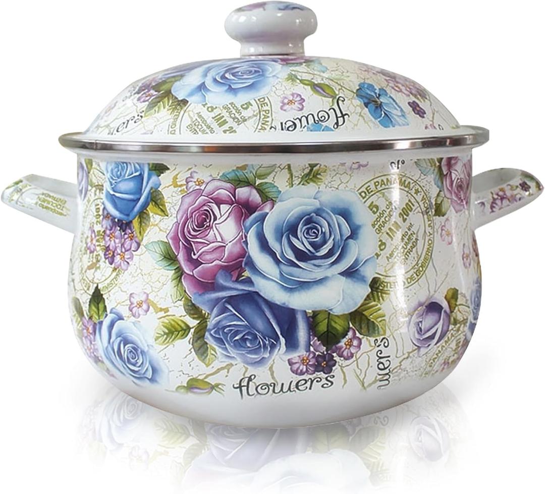 Enamel Stockpot with Lid, 4.6 Quart Retro Cooking Pot, Vintage Floral Bean Stew Soup Pot, Ceramic Cookware for Kitchen Stove