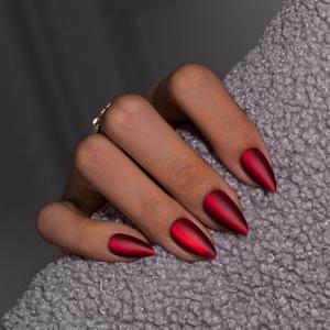 KQueenest 30 Pcs Press On Nails Short Almond, Matte Cat Eye Press On Nails with Glue, Sparkly Red Black Fake Nails Short Stiletto, Velvet Dark Chrome Glue On Nails for Women Valentine Day Gift