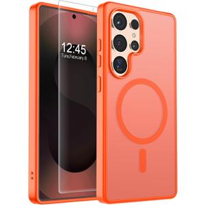 SUPFINE Magnetic for Samsung Galaxy S25 Ultra Case with Screen Protector, (Built-in Magnets) (Military Grade Drop Protection) Slim Translucent Shockproof Phone Case,Orange