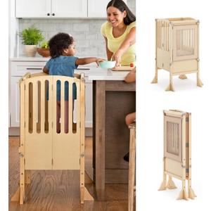 Guidecraft Kitchen Helper Toddler Tower Step Stool - Contemporary - Natural: Folding Adjustable Height Montessori Wooden Learning Furniture with Keepers