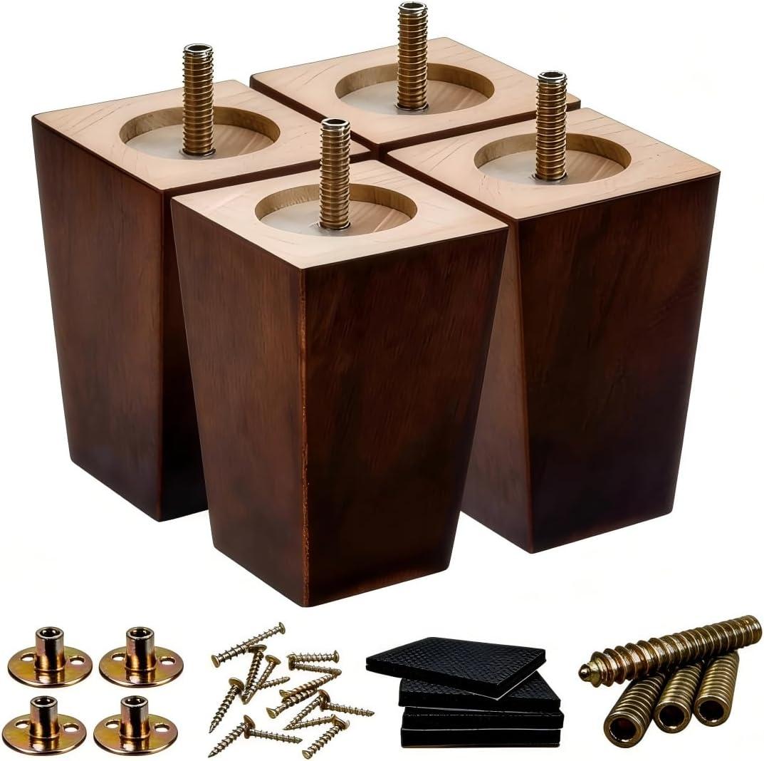 SHANJUE 5 Inch Wood Furniture Legs, Square Rubberwood Sofa Feet Replacement (Pack of 4) with 5/16" & M8 Bolts for Mid-Century Dresser, Ottoman, Recliner, MCM Couch Repair