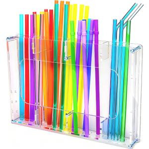 Large Acrylic Straw Holder for Cabinet Door - Reusable Tumbler Straw Organizer Storage, Small Kitchen Accessories Container, Ultra Sticky Cupboard Door Mounted (clear acrylic, 9.5inX6.5in)